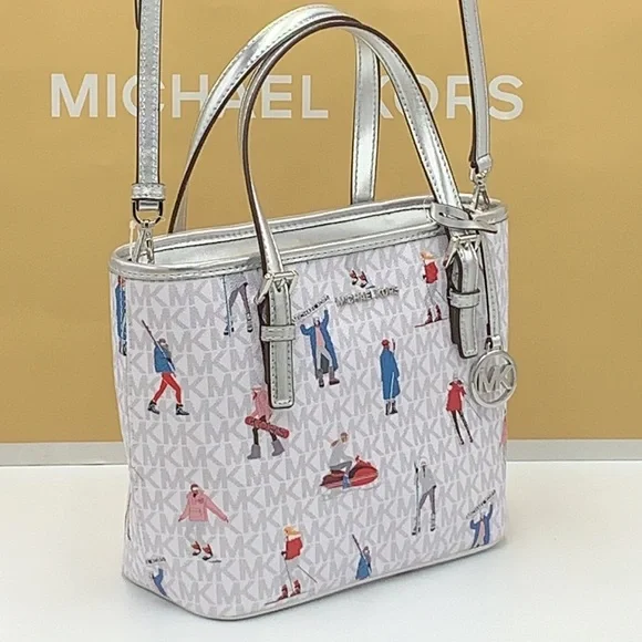 Michael Kors Jet Set Girls Print Bright White Signature XS Carryall Top Zip Tote - Picture 3 of 16